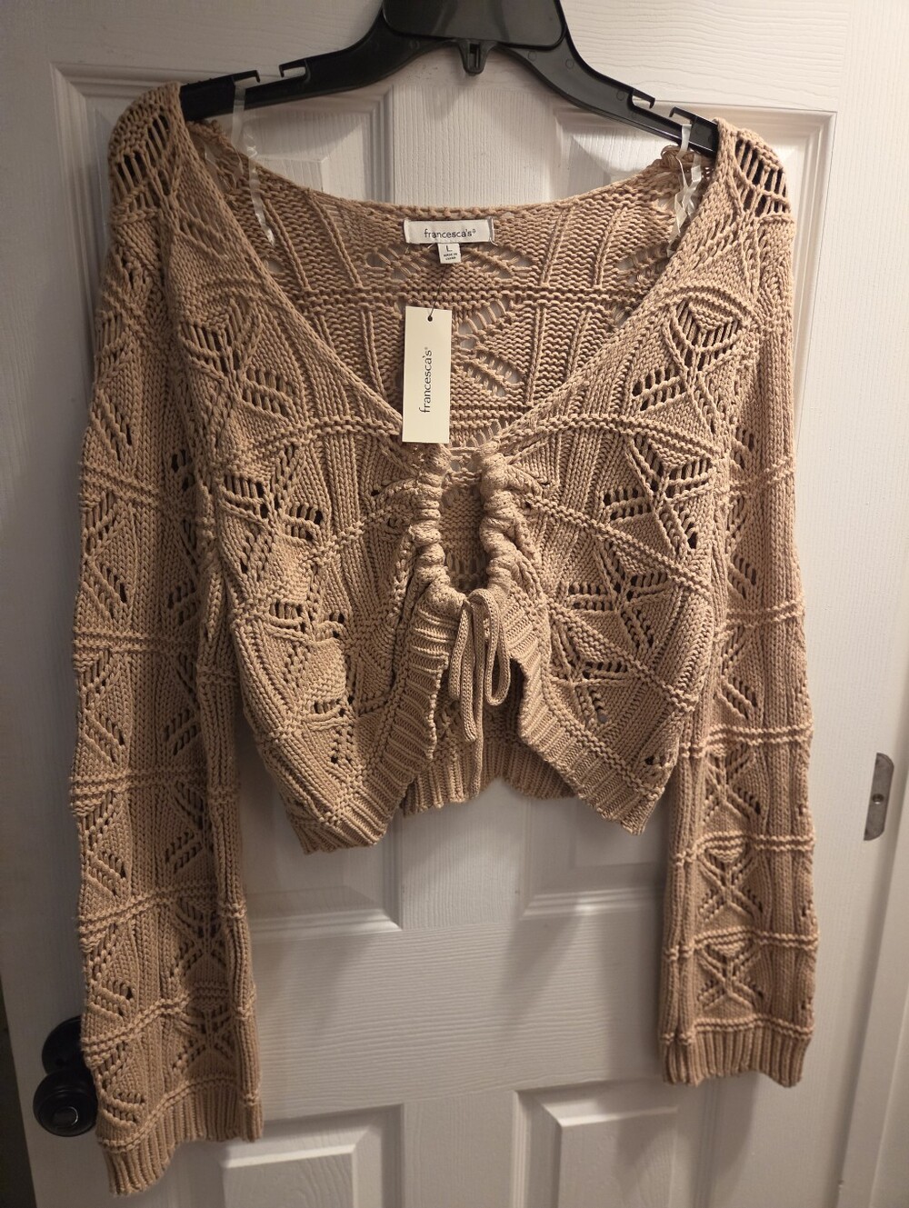 Francesca's Collections Tan Crochet Openwork Drawstring Sweater